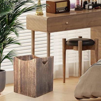 Large Wooden Trash Can 9 Gal Curved Design Office Waste Basket, Square Farmhouse Garbage Can, Brown Vintage Wood Trash Can Storage Basket With Handles for Bedroom Office Living Room Decorative