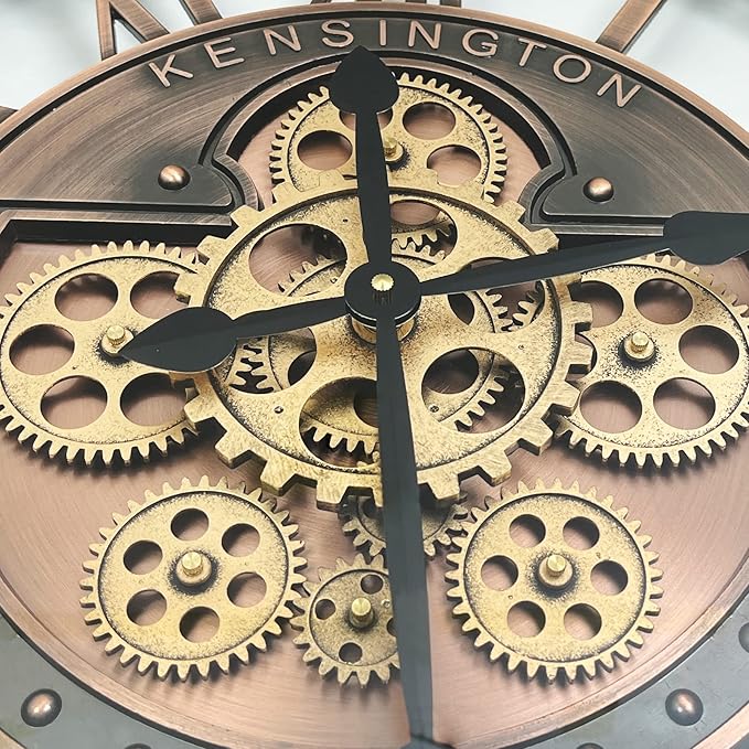 DORBOKER Real Moving Gears Wall Clock Large Modern Metal Clocks for Living Room Decor, Industrial Steampunk Unique Vintage Rustic Decorative Clock for Home Farmhouse Office, 21 Inch,Red Copper Roman