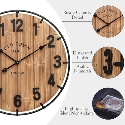 MICWIC 24 Inch Farmhouse Wall Clock Large Old Town Vintage Rustic Wooden Clock with Metal Rim and Large Numerals, Silent Battery-Operated for Office, Kitchen, Bedroom, and Living Room