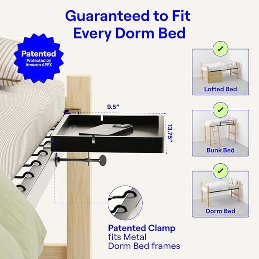 BedShelfie Wood Bedside Shelf for Bunk Bed & Top Bunk, College Dorm Room Essentials, Loft Nightstand, Floating Bed Side Table Tray Storage, Dorm Room Decor By Smallish - (DormEssential Wood, Black)