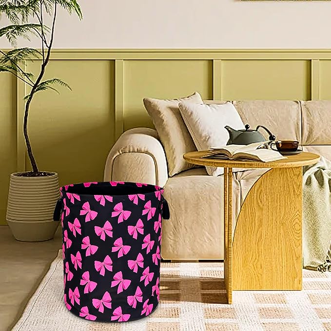 Pink Bow Laundry Basket Funny Bowknot Foldable Waterproof Oxford Cloth Tote Bag Laundry Hamper Round Large Clothes Storage Bucket Toy Organizer For Bathroom/Laundry Storage/Bedroom 18.9x16.5 Inch