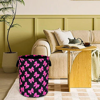 Pink Bow Laundry Basket Funny Bowknot Foldable Waterproof Oxford Cloth Tote Bag Laundry Hamper Round Large Clothes Storage Bucket Toy Organizer For Bathroom/Laundry Storage/Bedroom 18.9x16.5 Inch