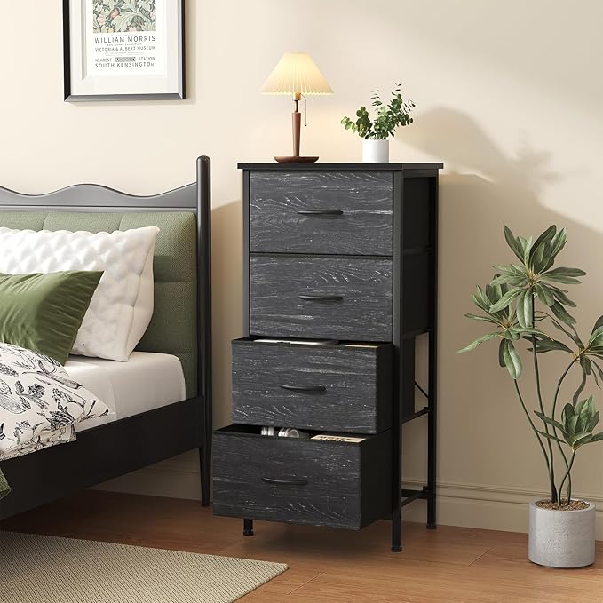 Sweetcrispy 4 Drawer Fabric Dresser Storage Tower Nightstand Chest | Small bedroom dresser and nightstand with sturdy frame,Perfect for closet,entryway,dorm,Black Wood Grain