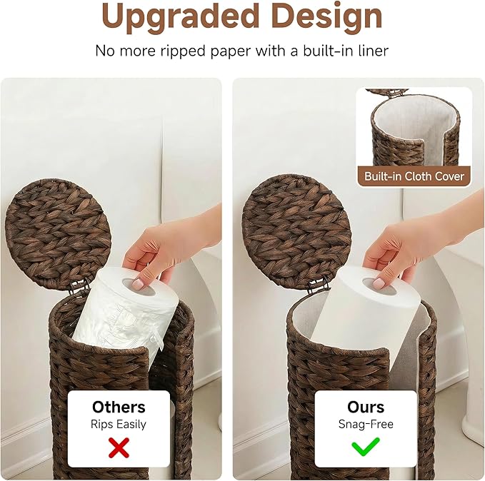 StorageWorks Free Standing Wicker Toilet Paper Holder Stand for Bathroom Storage, Decorative Water Hyacinth Toilet Paper Storage with Lid, 3 Rolls of Tissue Holder with a Built-in Cloth Lining, Brown