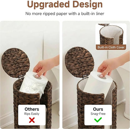 StorageWorks Free Standing Wicker Toilet Paper Holder Stand for Bathroom Storage, Decorative Water Hyacinth Toilet Paper Storage with Lid, 3 Rolls of Tissue Holder with a Built-in Cloth Lining, Brown