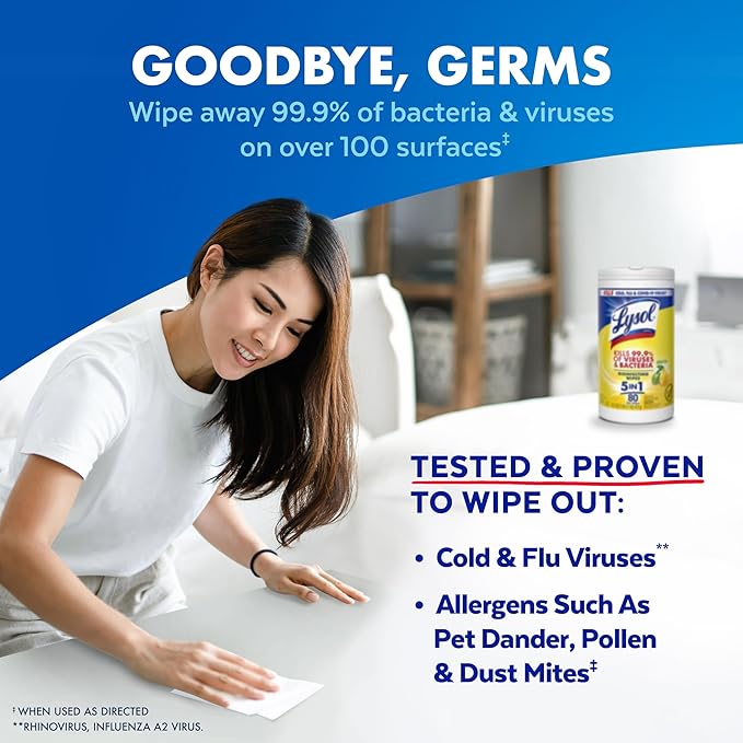 LYSOL Disinfecting Wipes, All Purpose Cleaner, Multi-Surface Antibacterial Cleaning Wipes, Household Cleaning Supplies, Dorm Essentials, Lemon + Crisp Linen + Mango & Hibiscus Scent, 80 ct. (3 Pack)