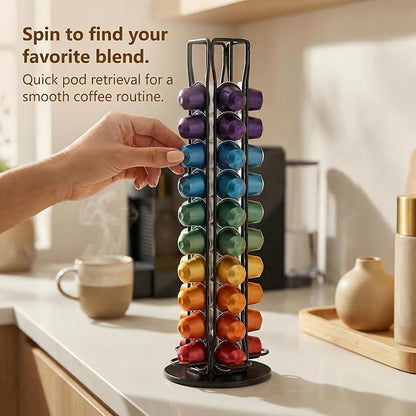Coffee Pod Holder for Nespresso OriginalLine Capsules, 40 Capacity Rotating Carousel Coffee Pods Organizer, 360 Spinning Coffee Station Storage Rack, Metal Coffee Pod Stand for Kitchen (Black)