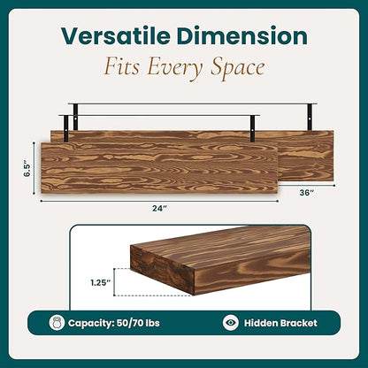 Howizz 36'' Pine Wood Floating Shelves for Wall- Set of 2 - Rustic Wall Mounted Wooden Shelf for Stylish Home Décor (Light Walnut, 36x6.5x1.25)