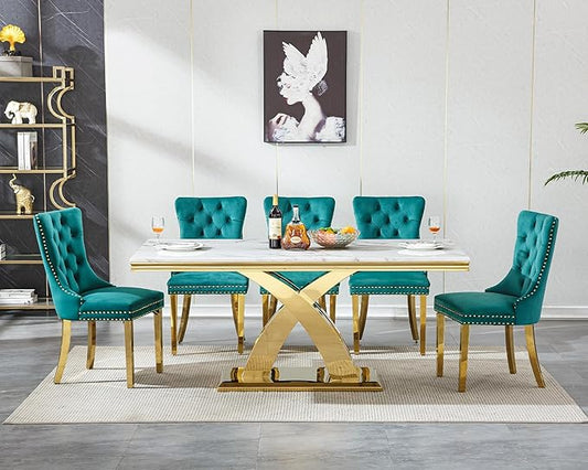 Modern Marble Dining Table Set for 6, Luxury Kitchen Dining Room Table Set for 6, 68 inch Faux Marble Dinner Table with Velvet Chairs, 7 Piece Dining Table Set for Dinner Party Gathering, Green & Gold
