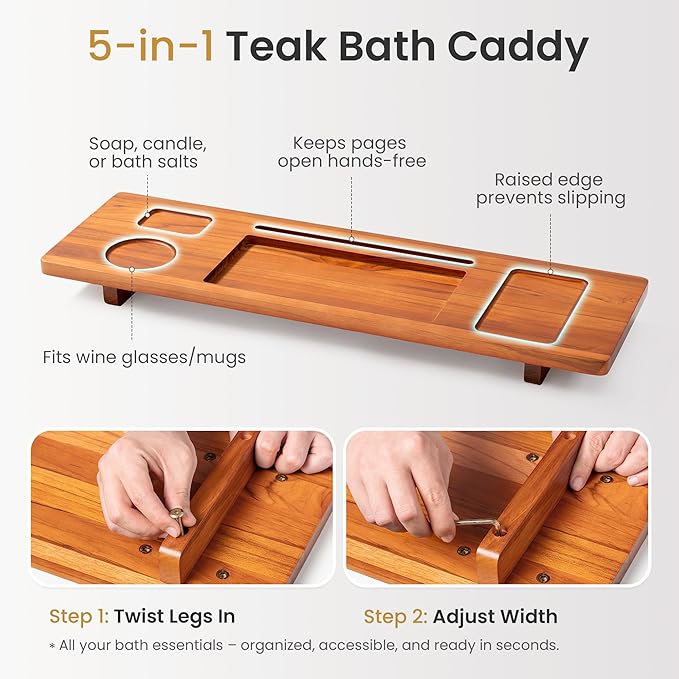Teak Bathtub Tray for Freestanding Tubs - 29" Heavy-Duty Luxury Bath Caddy, Non-Slip Zero-Wobble Design, Water-Resistant Spa Organizer with Wine Glass & Phone Holder