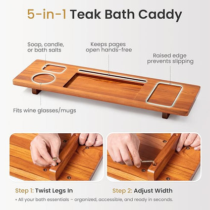 Teak Bathtub Tray for Freestanding Tubs - 29" Heavy-Duty Luxury Bath Caddy, Non-Slip Zero-Wobble Design, Water-Resistant Spa Organizer with Wine Glass & Phone Holder