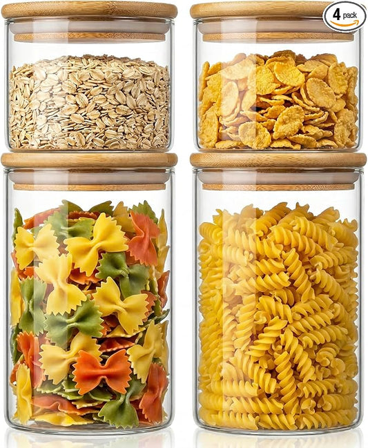 32oz & 21oz - 4 Pack Glass Jars with Bamboo Lids, Glass Pantry Storage Containers with Airtight Lids, Round Air Tigh Food Storage Canisters for Cereal, Pasta, Flour, Sugar, Best for Kitchen Organizer