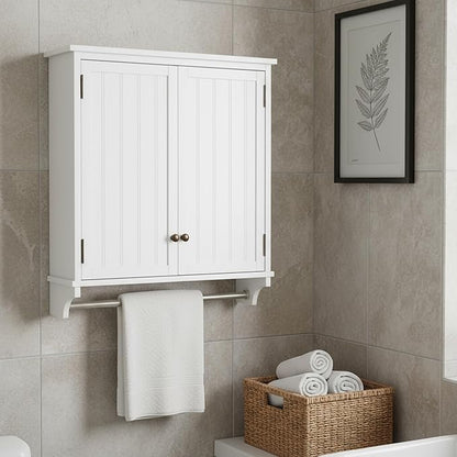 Dover 27” x 29” Wall Mounted Bathroom Storage Cabinet with Shaker Beadboard Doors, Two Adjustable Shelves and a Towel Bar – White Wall Cabinet for Bathroom, Laundry, or Entryway by Alaterre Furniture