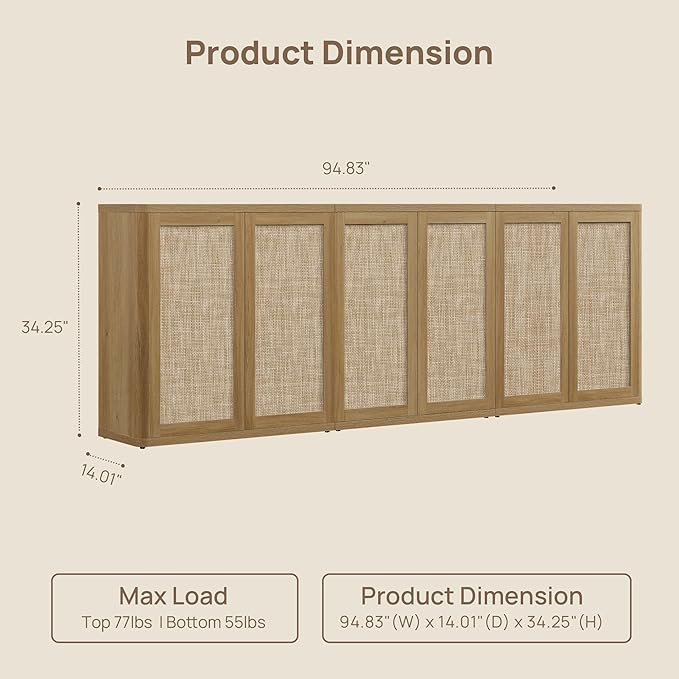 SICOTAS Rattan Sideboard Buffet Console Table - 95” Larger Modular Credenza Stand, 3 Pieces Boho Coffee Bar Cabinet with Storage & Adjustable Shelves for Hallway, Living Room, Dining Room