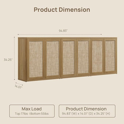 SICOTAS Rattan Sideboard Buffet Console Table - 95” Larger Modular Credenza Stand, 3 Pieces Boho Coffee Bar Cabinet with Storage & Adjustable Shelves for Hallway, Living Room, Dining Room