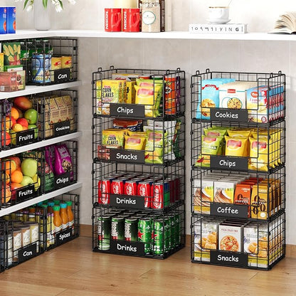 JKsmart Pantry Organizers and Storage, 4 Pack XL Stackable Wire Baskets with NamePlates, Metal Storage Bins for Snack Can Fruit Vegetable Spice