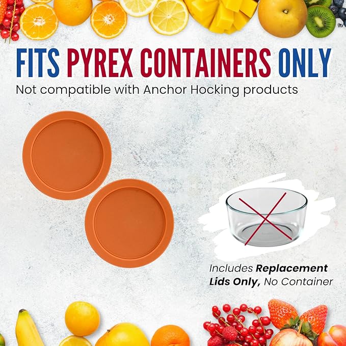 Replacement Lids fits Pyrex 2-Cup Glass Food Storage Container Bowls, 5-Inch Plastic Round Lids Covers for Pyrex 7200-PC, Airtight & Leakproof (2-Pack, Orange)