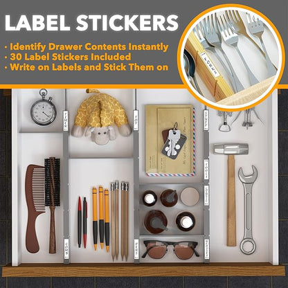SpaceAid Bamboo Drawer Dividers with Inserts and Labels, Kitchen Adjustable Drawer Organizers, Expandable Organization for Home, Office, Dressers, 4 Dividers with 9 Inserts (17"-22" Gray)
