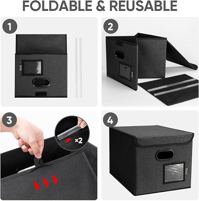 BALEINE File Organizer Box with Lid, Collapsible File Folder Organizer with Plastic Slide, Hanging File Folder Box for Office Document Storage (1 Pack, Black)