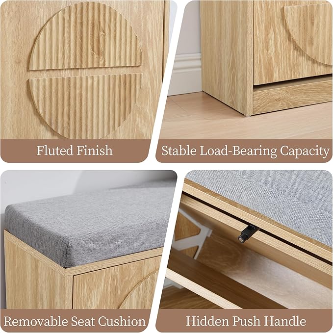 Narrow Shoe Storage Bench for Entryway, Wooden Shoe Cabinet with Flip Drawers& Adjustable Shelves, Shoe Rack Bench with Cushion, Shoe Organizer with Fluted Pattern for Hallway, Living Room (Natural)