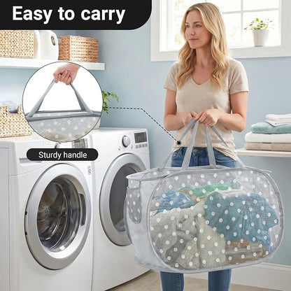 Sturdy Collapsible Laundry Baskets with Side Pockets, Mesh Pop Up Laundry Hamper, Foldable Clothes Storage Hamper with Reinforced Carry Handles for Home, Dorm, Travel -Polka Dot Print, Gray