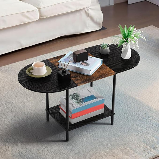 Coffee Tables for Living Room,Mid Century Small Oval Center Table with 2-Tier Storage Shelf and Wood Tabletop,Farmhouse Narrow Cocktail Tea Table for Small Space,Apartment,Black Brown