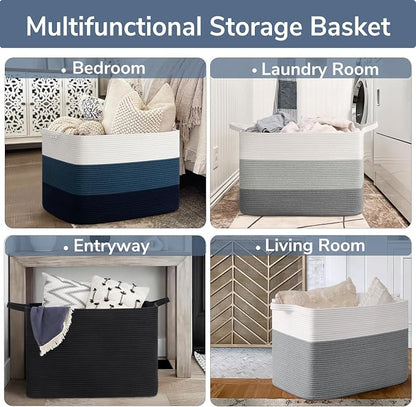Goodpick 105L Extra Large Woven Basket 25" x 16" x 16" Cotton Rope Storage Baskets for Organizing, Rectangle Blanket Basket Living Room, Toy Storage Baskets for Kids, Blue