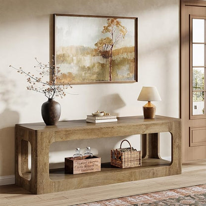 Tribesigns 63-Inch Farmhouse Entryway Table with Storage Shelf, 2-Tier Sofa Console Table with Circle Design for Living Room, Hallway, Foyer, Brown
