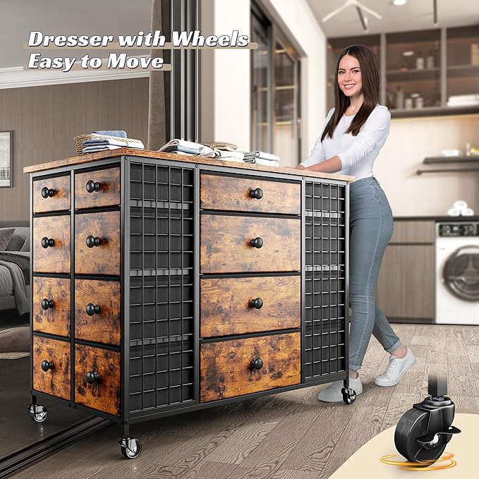 EnHomee 24 Drawers Dresser for Bedroom, Dressers & Chests of Drawers with 4 Wheels and 40" x 23" Wide Wooden Top, Metal Frame, Closet Island with Hooks, Cloakroom, Dressing Room, Rustic Brown