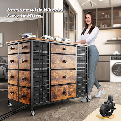 EnHomee 24 Drawers Dresser for Bedroom, Dressers & Chests of Drawers with 4 Wheels and 40" x 23" Wide Wooden Top, Metal Frame, Closet Island with Hooks, Cloakroom, Dressing Room, Rustic Brown