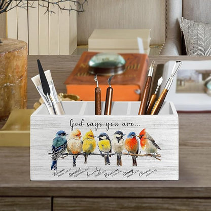 Christian Bird Pen Pencil Holder Organizer for Desk Accessories, God Says You Are Bible Verse Inspirational Wooden Box Sign Desk Decor for Home Office Decoration, Bird Lovers Gifts