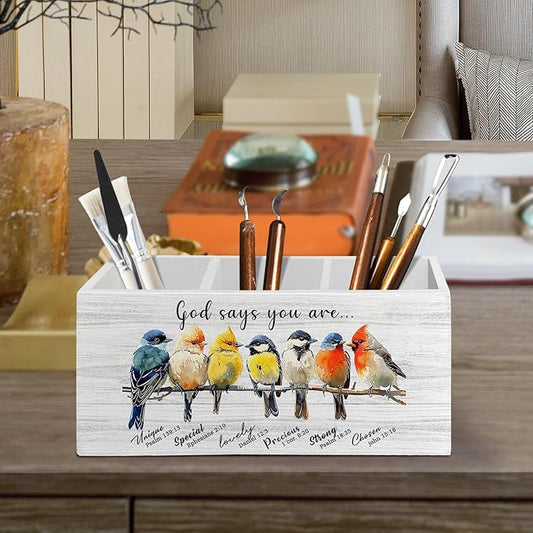 Christian Bird Pen Pencil Holder Organizer for Desk Accessories, God Says You Are Bible Verse Inspirational Wooden Box Sign Desk Decor for Home Office Decoration, Bird Lovers Gifts