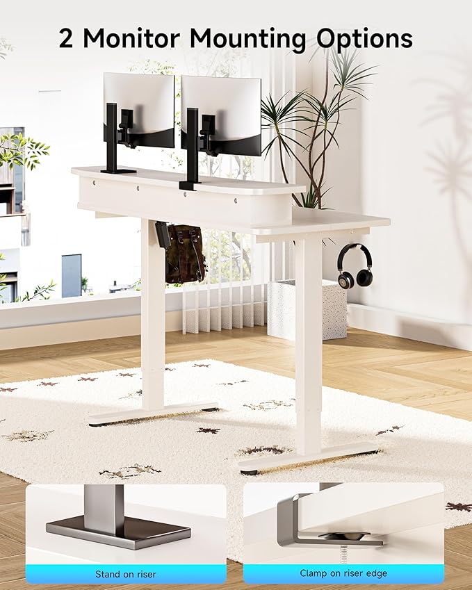 BIZUM Standing Desk with 2 Drawers Computer Desk-Stand up Desk Home Office Gaming Memory Desks C-Clamp Mount Compatible, 48x24 Inch White