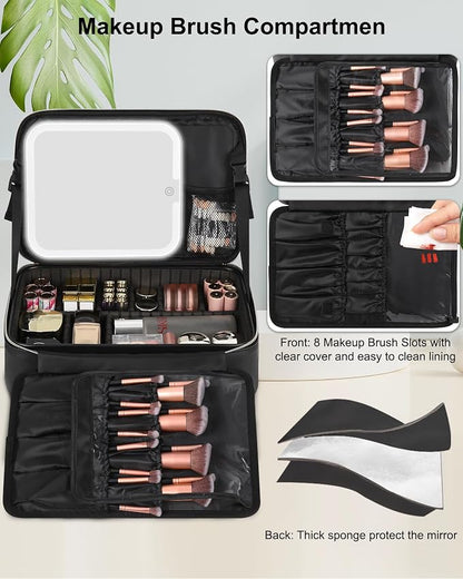 Chomeiu Makeup Bag with LED Mirror, Large Travel Cosmetic Train Case for Women, Makeup Artists Large Organizer Box with Vanity Light Up Mirror, 3 Color Lights, Adjustable Dividers (Black)