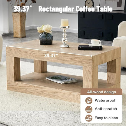 LKTART 39.37" Coffee Table with Storage, 2-Tier Mid Century Rectangular Accent Table with Thick Tabletop, Rustic Style Cocktail, Center Table for Living Room, Office, Apartment (Natural)