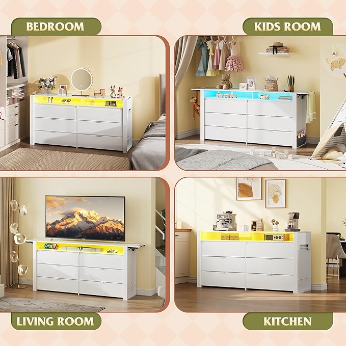 WLIVE 78 Inch LED Dresser for Bedroom, White Dresser with Charging Station, Large Chest of Drawers Expandable with Flexible Shelves and Hanging Rack, Wood Dressers for Closet, Living Room (85" TV)