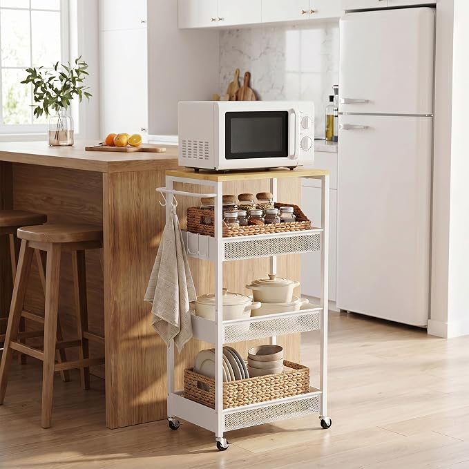 Rolling Utility Cart, 4 Tier 11.8" Wide Metal Storage Cart with Handle and Wood Top, Multifunctional Mobile Shelf Unit Organizer Trolley for Laundry, Bathroom, Kitchen