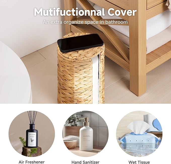StorageWorks Water Hyacinth Free Standing Toilet Paper Holder Stand for Bathroom, 3 Rolls of Toilet Tissue Storage with a Built-in Cloth Lining, Toilet Roll Holder Stand with Lid (Pack of 2)