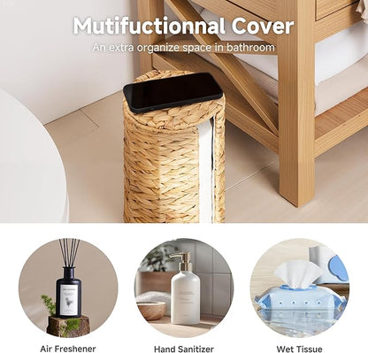 StorageWorks Water Hyacinth Free Standing Toilet Paper Holder Stand for Bathroom, 3 Rolls of Toilet Tissue Storage with a Built-in Cloth Lining, Toilet Roll Holder Stand with Lid (Pack of 2)