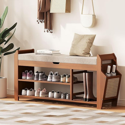 39.4" Bamboo Shoe Rack Bench, 3-Tier Entryway Bench with Thick Cushion, Flip-Top & Side Storage, Holds Up to 550 LBS for Hallway, Living Room, Bedroom