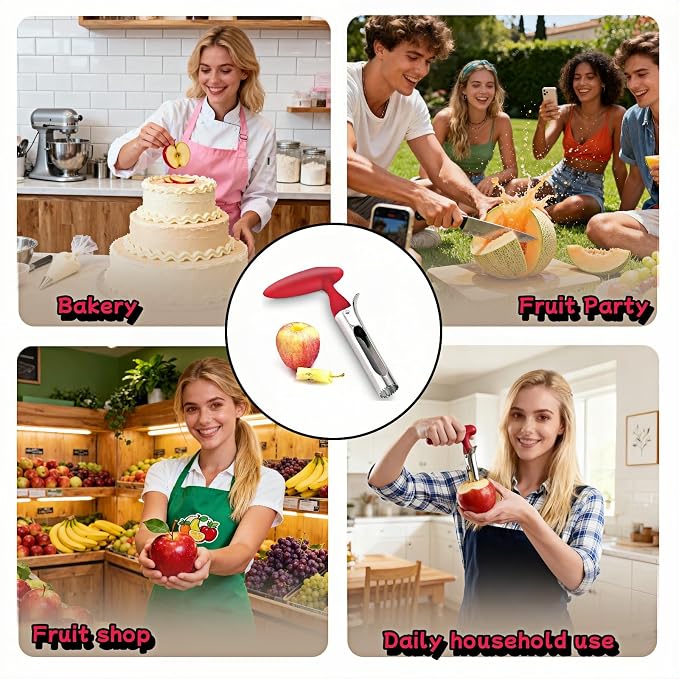 Premium Stainless Steel Apple Corer - Easy Use & Dishwasher Safe, Multi-Fruit Core Remover with Ergonomic Handle for Apples, Pears, Tomatoes & Cupcakes | Durable Kitchen Tool (Red)