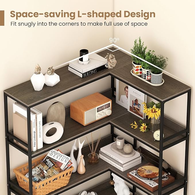 Giantex 5-Tier Corner Bookshelf, 71" L-Shaped Bookcase, Tall Etagere Bookshelf with Metal Frame, Industrial Open Display Shelf, Vertical Storage Rack for Living Room, Study, Office (Oak)