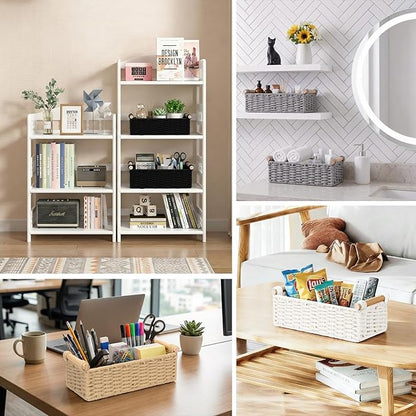 Boho Cotton Rope Storage Baskets Set of 2, Woven Wicker Organizer Bins with Wooden Handles, Small Decorative Boxes for Organizing, Toilet Paper Baskets for Bathroom Countertop, Shelves (White 2 Pack)