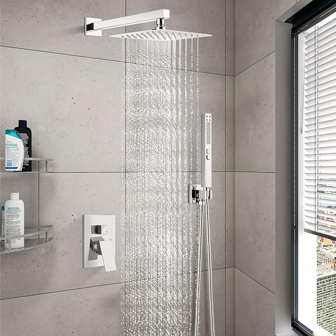 Shower Faucet Set Rainfall Shower System with Square Showerhead and Handle Set Fixture with 2 in 1 Function Handheld Sprayer Wall Mounted Trim Repair Kit Rough-in Valve 8 Inch Polish Chrome