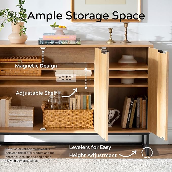 Fluted Storage Cabinet with 3 Doors, Sideboard Buffet Cabinets, Modern Accent Cabinets with Adjustable Shelves, Wooden Credenza Console Table Cabinet for Living Dining Room, Natural Oak