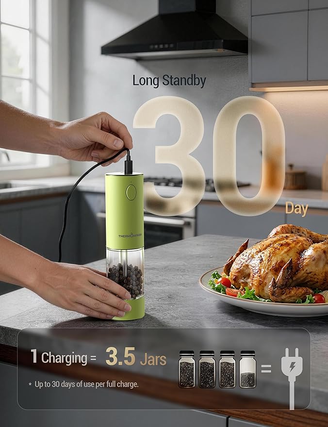 ThermoMaven Electric Salt and Pepper Grinder Set, 110ml Larger Rechargeable Automatic Salt and Pepper Mill Grinder with 6 Adjustable Coarseness, Electric Salt and Pepper Shakers, LED, Pistachio