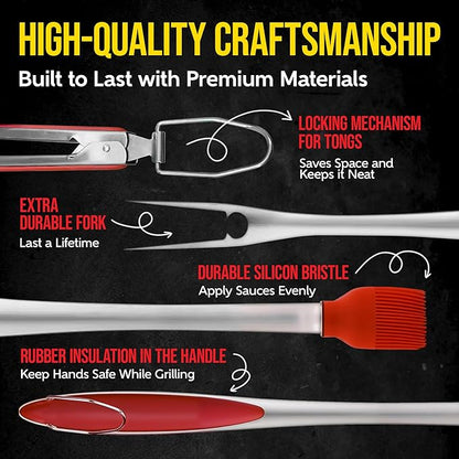 Kaluns BBQ Grilling Accessories, Grilling Gifts for Men Dad, Grill Tools for Outdoor Grill, Heavy Duty Stainless Steel Grill Set with Spatula, Tongs, Fork, Brush, & Grilling Mat, Best BBQ Gifts