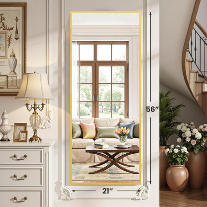 OLIXIS Full Length Mirror for Bedroom, 56"x21" Full Body Mirror with Stand, Hanging or Leaning for Wall, Aluminum Alloy Thin Frame Floor Standing for Living Room, Long, Gold