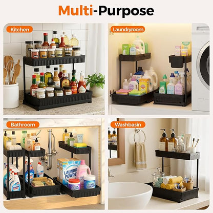 Sevenblue 3 Pack Multi-Purpose Pull-Out Storage Organizers, 2-Tier L-Shaped Under Sink/Cabinet Organizers and Storage for Bathroom & Kitchen, (Black, 12.85 Inches)