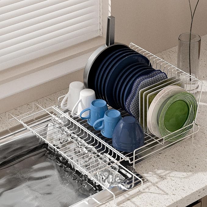 Dish Drying Rack - Stainless Steel Expandable Large Dish Drainer for Kitchen Counter, with Stainless Drain Board Rustproof Collapsible Organizer Space Saving